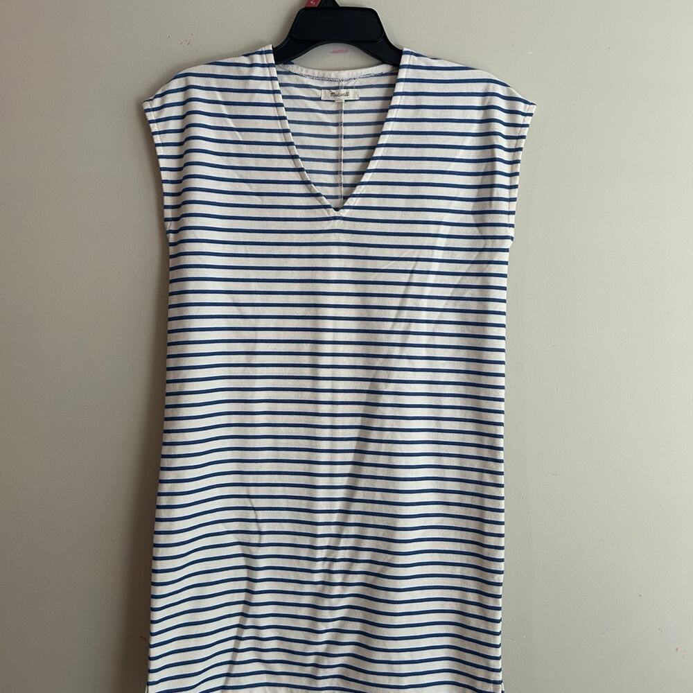 Madewell Vacances Striped Blue White V-Neck Short Sleeve Dress - Size XS
